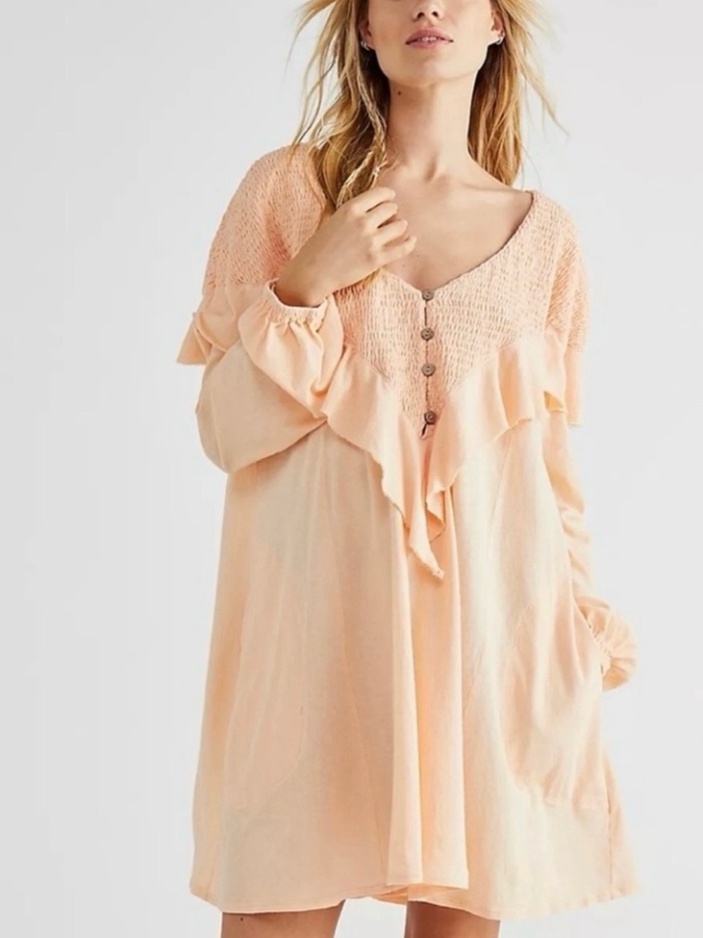 NWT Free People Peach Ruffle Smocked V-Neck Tunic/Dress